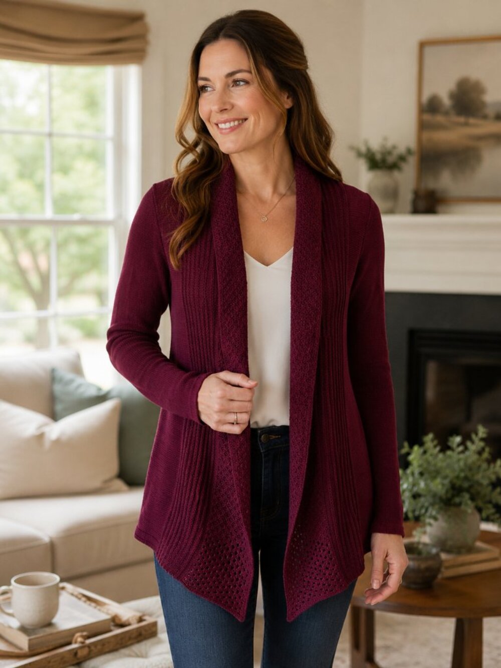 89th & Madison Plum Open Front Textured Knit Cardigan Sweater Small